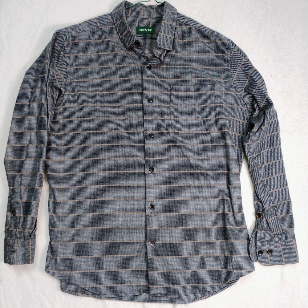 Orvis Mens Large Sportsman Flannel Shirt Merino Wool Cotton Blend Plaid Grey